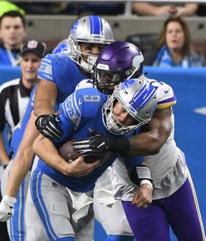 Lions quarterback Matt Stafford has been sacked 21 times in the last four meetings with the Vikings.