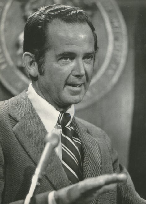Gov. Milliken holds a news conference on Sept. 19, 1974, calling 
on election opponent Sander M. Levin and the other Democratic candidates for statewide offices to fully disclose their campaign contributions and expenditures since 1971.