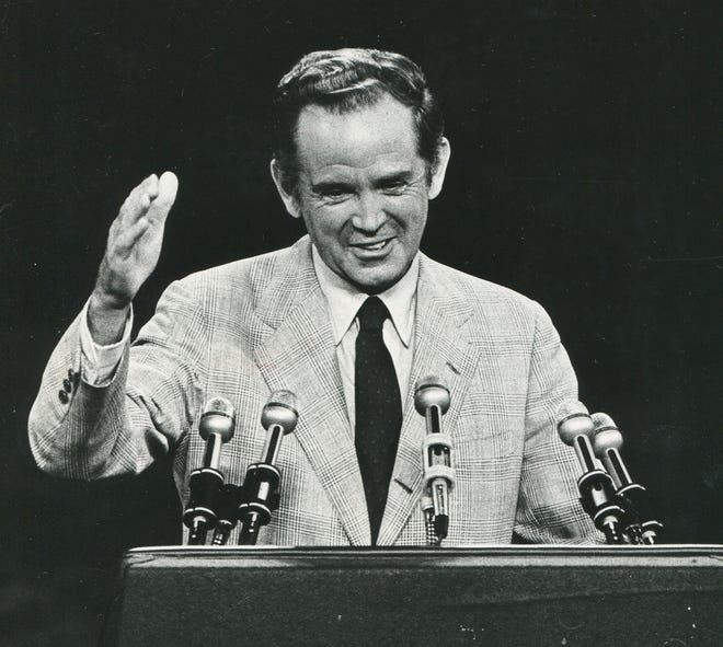 Michigan Gov. William G. Milliken, speaks on July 14, 1980 during the second session of the Republican National Convention in Detroit. The state's longest-serving governor, a moderate Republican known for his environmental agenda and concern for urban issues, died on Oct. 18, 2019 at age 97.