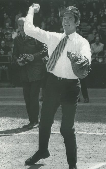 The governor throws out the ceremonial first pitch at Tiger Stadium on April 9, 1971.