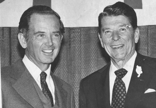 Gov. Milliken campaigns with Republican presidential candidate Ronald Reagan in Michigan on Feb. 18, 1980.