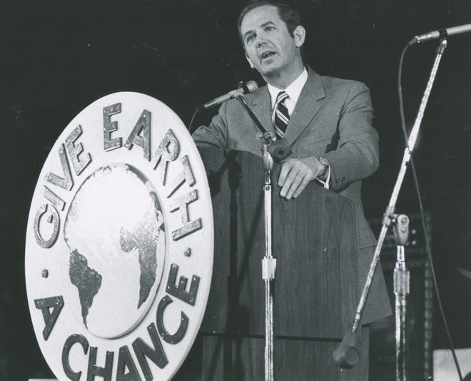 Gov. Milliken speaks at a University of Michigan anti-pollution rally, March 12, 1970.