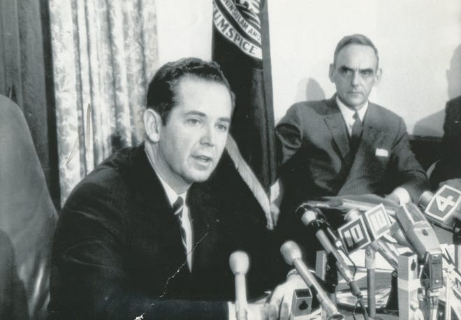 Milliken became governor after George W. Romney resigned from office to serve in President Richard Nixon's cabinet, Here, the new governor briefs the media about his 1969-70 budget, with State Budget Director Glenn Allen Jr., Jan. 22, 1969.