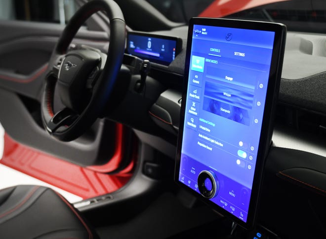 The Mach-E debuts Sync 4, the latest generation of Ford’s infotainment system. The 15.5-inch screen wows, but the biggest advance is that you can talk to the vehicle like a phone.