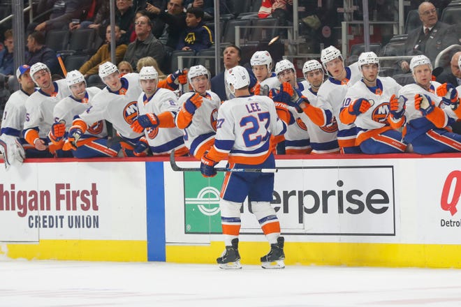 New York Islanders center Anders Lee (27) celebrates his goal against the Detroit Red Wings in the first period.