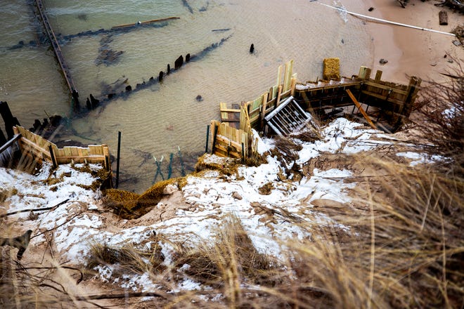 Retaining walls begin to crumble along the Lake Michigan shoreline in Shelby.