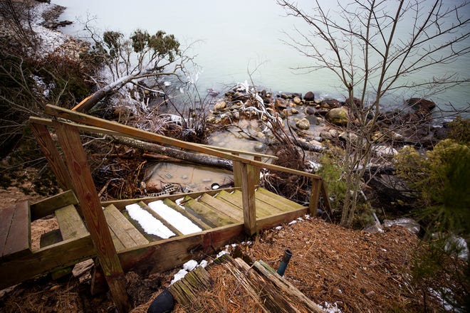 This staircase used to lead to Juniper Beach in Golden Township but the bottom of the stairs have fallen into Lake Michigan.