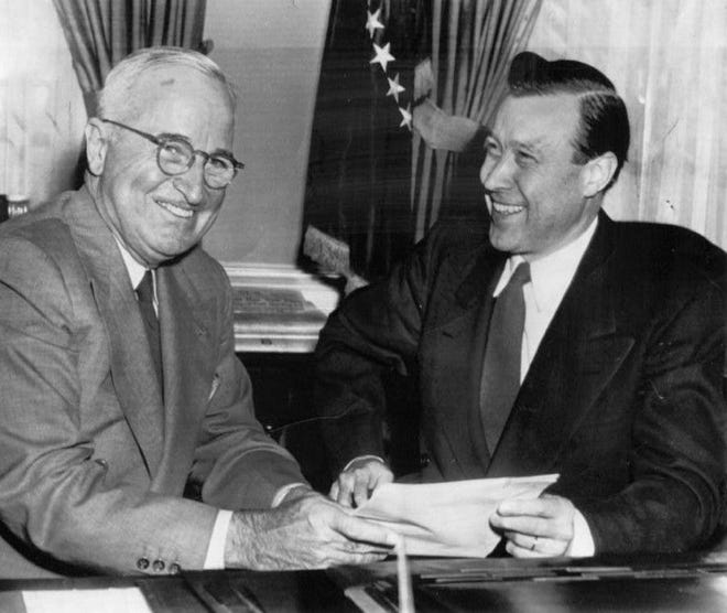 President Harry Truman meets in his White House office in 1952 with Walter Reuther, the president of the United Auto Workers (UAW) and the Congress of Industrial Organizations (CIO). Reuther was a giant of labor history, a lifetime crusader not only for working people but for a better world.