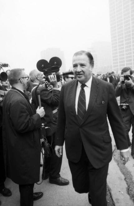 Henry Ford II arrives at the funeral services for Reuther at Ford Auditorium in Detroit on May 14, 1970. Nearly 3,000 attended, including U.S. senators, two cabinet members, labor leaders and numerous UAW members, whose absence closed a number of plants.