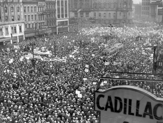 A mass UAW meeting in Cadillac Square in Detroit in February 1938 drew thousands. "There is no power in the world that can stop the forward march of free men and women when they are joined in the solidarity of human brotherhood," Walter Reuther once said.