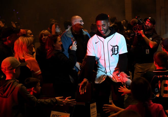 Tigers infielder Niko Goodrum greets fans at Lake Shore High School in St. Clair Shores.