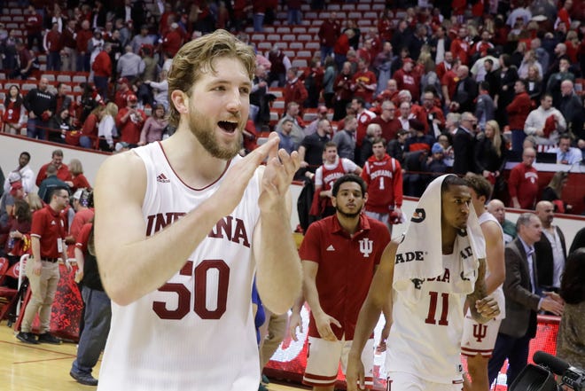 Indiana's Joey Brunk (50) celebrates after Indiana defeated Michigan State.