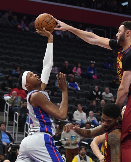Pistons' Louis King's shot is blocked by Cavaliers' Larry Nance Jr. in the second quarter.
