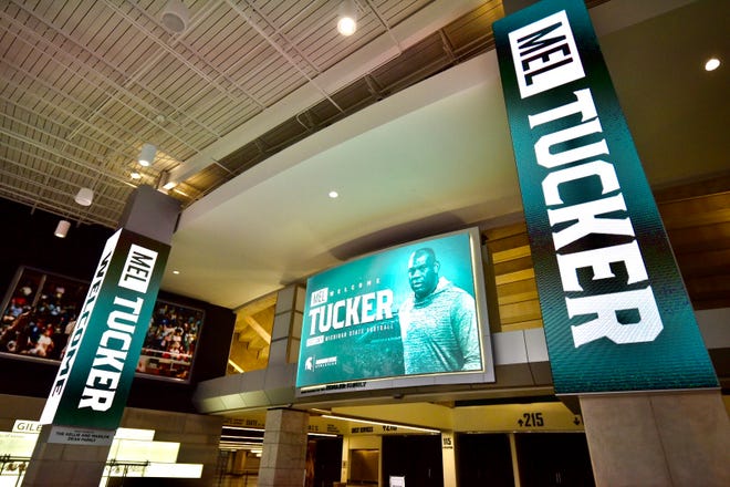 Video boards display a welcome to Mel Tucker at the Breslin Student Center on the campus of Michigan State University, in East Lansing, February 12, 2020. Tucker will be announced as the next head football coach at a press conference at Breslin later today.