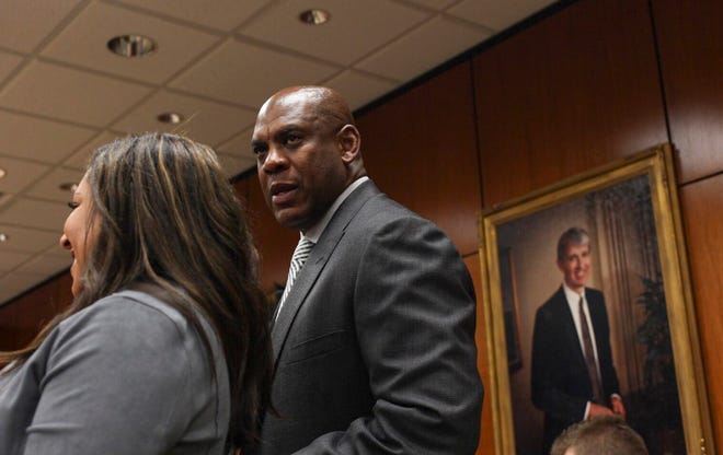 Newly-hired Michigan State University head football coach Mel Tucker waits to be introduced at a special MSU Board of Trustees meeting on campus in East Lansing on Wednesday, February 12, 2020.