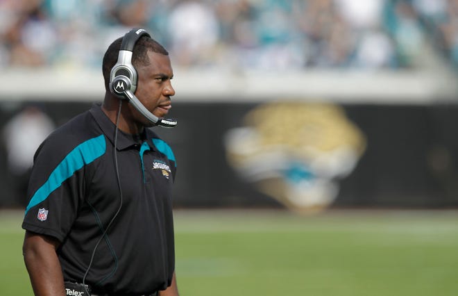 Jacksonville Jaguars interim head coach Mel Tucker watches his team against the Indianapolis Colts during the first half of an NFL football game Sunday, Jan. 1, 2012, in Jacksonville, Fla. (AP Photo/John Raoux)