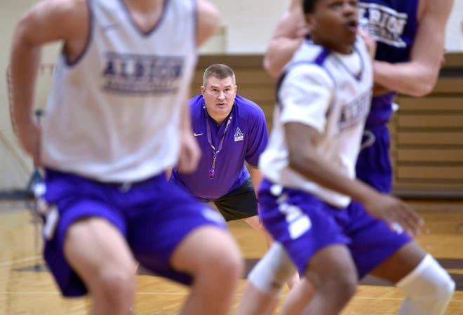 Head coach Jody May runs practice with his Albion College men's basketball team on Tuesday, Feb. 11, 2020, at Kresge Gymnasium.