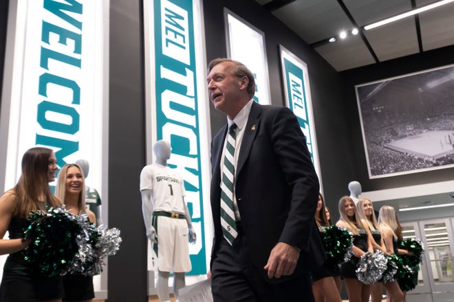 Samuel Stanley, president of Michigan State University arrives for a press conference for Mel Tucker to be introduced as the next head football coach for Michigan State University during a press conference at the Breslin Student Center, in East Lansing, February 12, 2020.