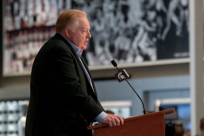 Michigan State University Athletic Director Bill Beekman speaks during a press conference to announce Mel Tucker as the next head football coach for MSU at the Breslin Student Center, in East Lansing, February 12, 2020.