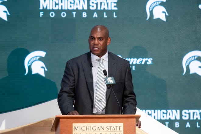 Mel Tucker speaks to the media after being introduced as the next head football coach for Michigan State University during a press conference at the Breslin Student Center.