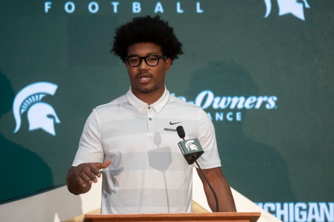 MSU senior linebacker Antjuan Simmons speaks during a press conference to announce Mel Tucker as the next head football coach for Michigan State University, at the Breslin Student Center, in East Lansing, February 12, 2020.