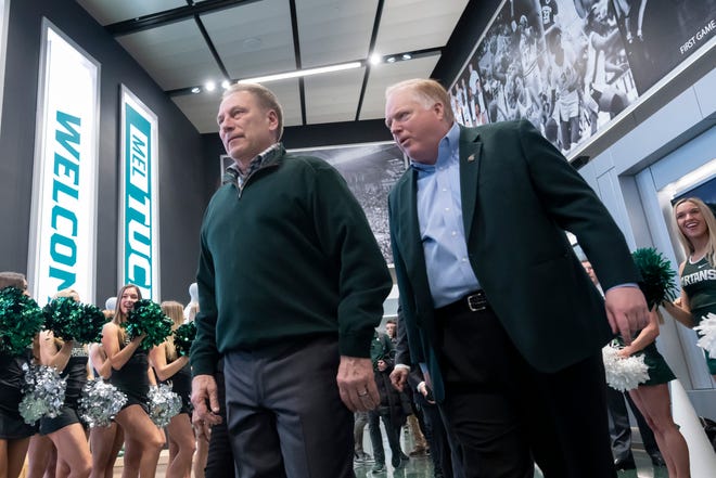 Head basketball coach Tom Izzo, left, and athletic director Bill Beekman arrive for a press conference to announce Mel Tucker as the next head football coach for Michigan State University during a press conference at the Breslin Student Center, in East Lansing, February 12, 2020.