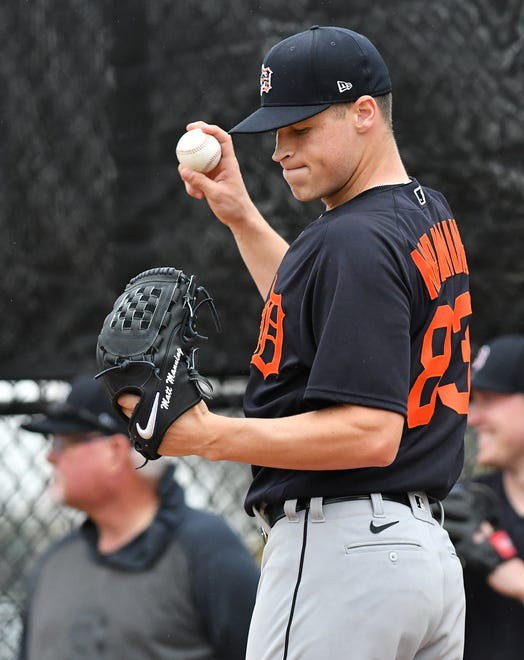 Tigers pitcher Matt Manning prepares to pitch in the bullpen.