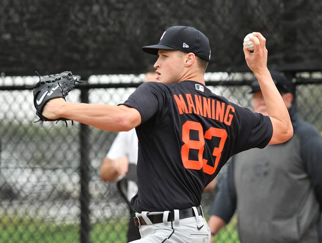 Tigers pitcher Matt Manning works in the bullpen.