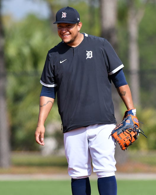 Tigers' Miguel Cabrera smiles between drills.