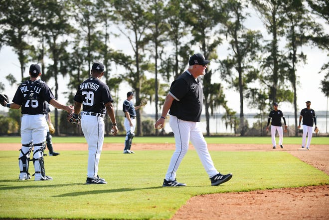Tigers manager Ron Gardenhire tosses a ball out during the "Good Morning America" drill.  The drill is a high-energy, wake-up drill that involves every position.