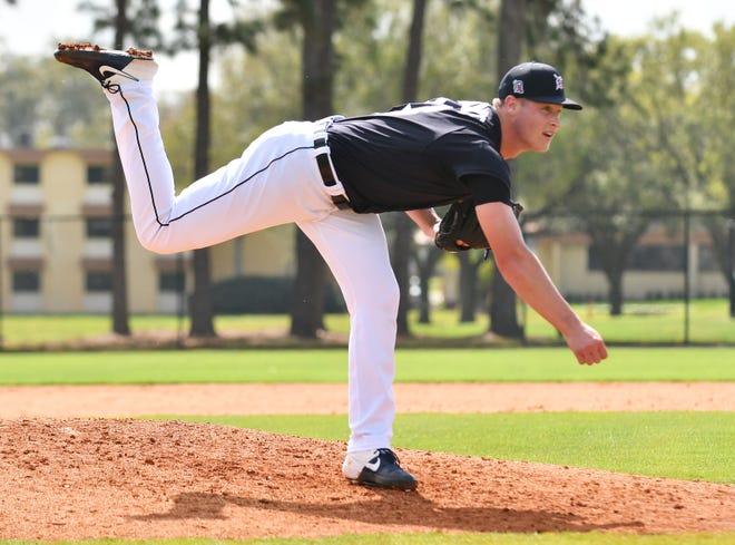 Tigers pitcher Matt Manning throws live batting practice.