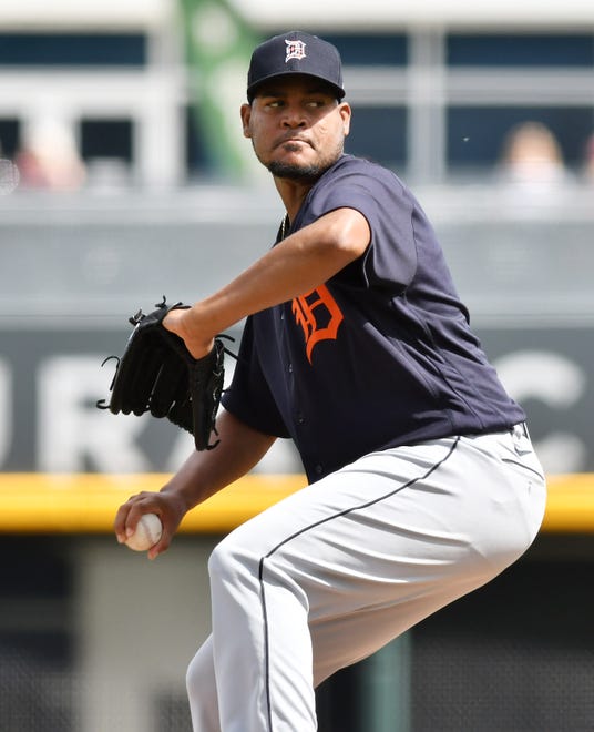 Tigers pitcher Ivan Nova works in the first inning.