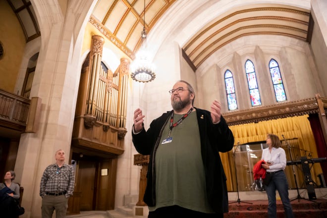 Docent Simon McNeilly talks about the chapel which sits in the center of the Masonic Temple, in Detroit, during a tour of the building, February 23, 2020.