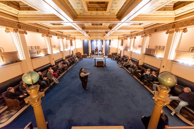 Docent Nudal Zakhim gives a talk about the Greek Ionic lodge room.           Photos are of a tour of the Masonic Temple, in Detroit, given by the temple's library, archive, and research center, February 23, 2020.