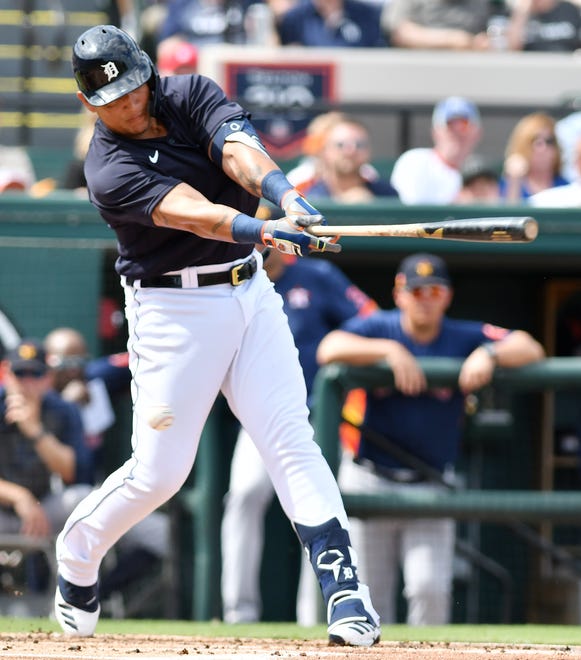 Tigers' Miguel Cabrera strikes out swinging in the first inning.