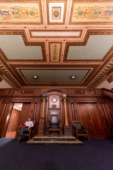 Wood from the original Detroit Masonic Temple, which was located downtown, now sits inside the Corinthian lodge room of the current Detroit Masonic Temple, February 23, 2020.