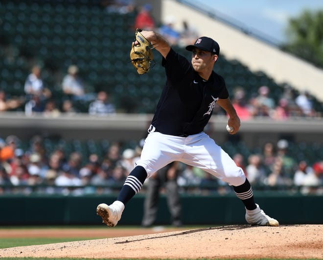 Tigers pitcher Matthew Boyd works in the first inning.  Detroit Tigers vs Houston Astros in spring training exhibition at Publix Field at Joker Marchant Stadium in Lakeland, Fla. on Feb. 24, 2020.   Astros win, 11-1.