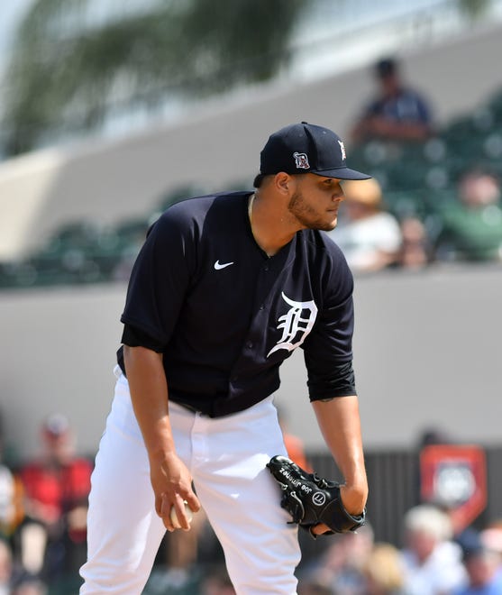 Tigers pitcher Joe Jimenez looks in for the sign in the fourth inning.