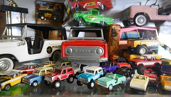 Some of his toy Broncos Tom Carper has collected over the years at his "Bronco Ranch."