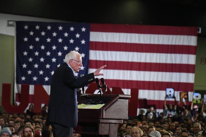 Presidential candidate Bernie Sanders speaks at TCF Center in Detroit.