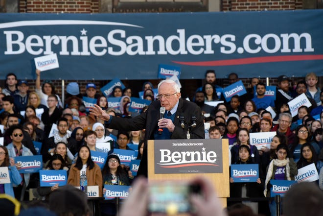 U.S. Senator and presidential candidate Bernie Sanders addresses the crowd on the campus of The University of Michigan, Sunday, March 8, 2020 in Ann Arbor, Mich.