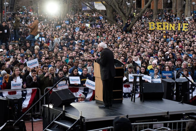 U.S. Senator and presidential candidate Bernie Sanders addresses the crowd on the campus of The University of Michigan, Sunday, March 8, 2020.