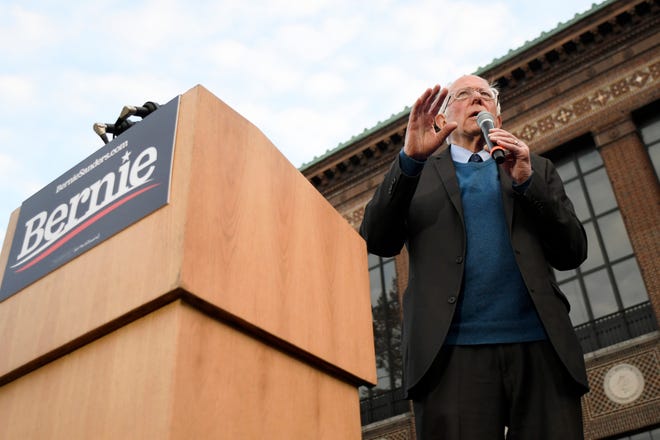 U.S. Senator and presidential candidate Bernie Sanders addresses the crowd on the campus of The University of Michigan, Sunday, March 8, 2020.