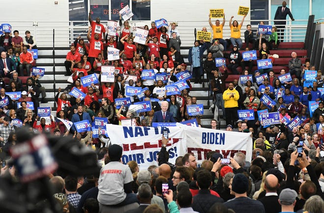 Joe Biden is interrupted by anti-NAFTA protesters.