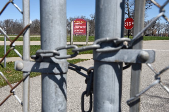 The gates to the Elizabeth Park Marina in Trenton are locked, Friday, April 3, 2020.