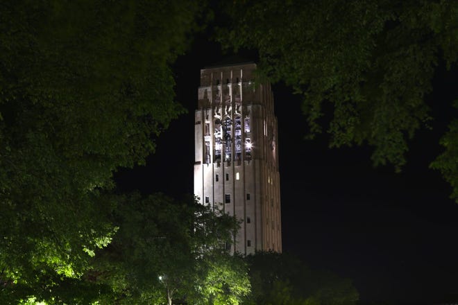 The 1936 Burton Memorial Tower at night.