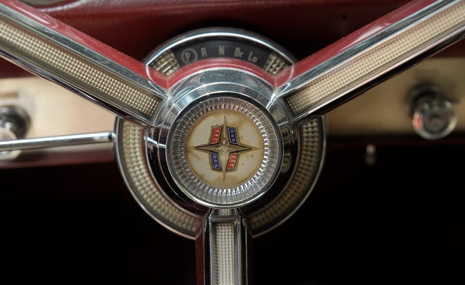 The steering wheel of a 1956 Lincoln Continental Mark II owned by Vaughn Koshkarian, in Milford, August 5, 2015.