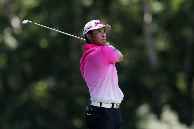 Hideki Matsuyama from Japan hits from the ninth tee during the second round of the Rocket Mortgage Classic golf tournament, Friday, July 3, 2020, at the Detroit Golf Club in Detroit.