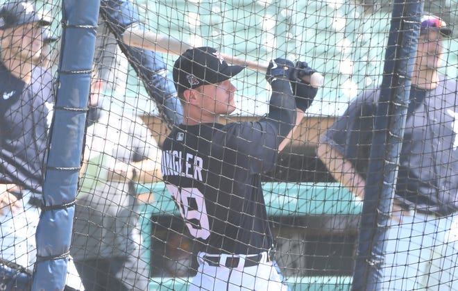 Tigers rookie catcher Dillon Dingler sends one to right field.