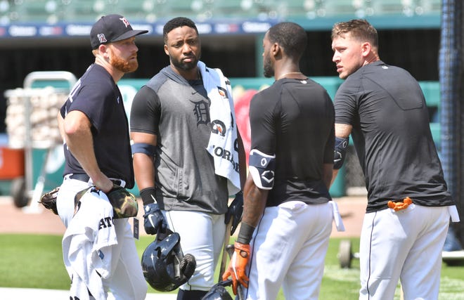 From left, Tigers' Spencer Turnbull, Christin Stewart, Cameron Maybin and JaCoby Jones talk after Turnbull pitched to them during live batting practice.  Detroit Tigers work out at Comerica Park in Detroit on July 6, 2020.